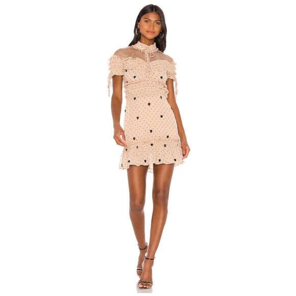 NBD Cherry Pie Mini Dress Sz M Nude Black Polka Dot Sequin Heart Ruffle Revolve